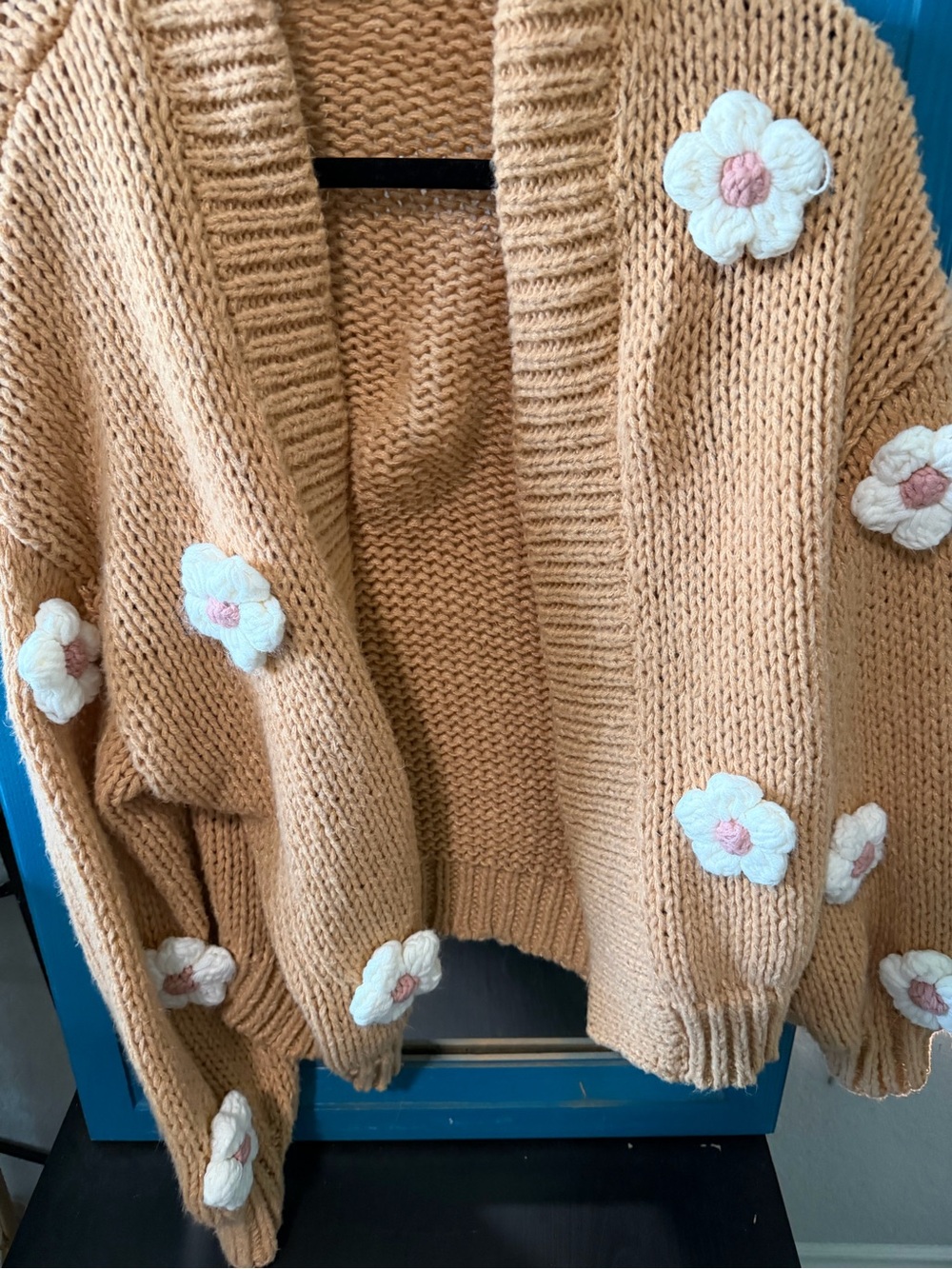 Tan Floral-Appliqué Open-Front Knit Cardigan